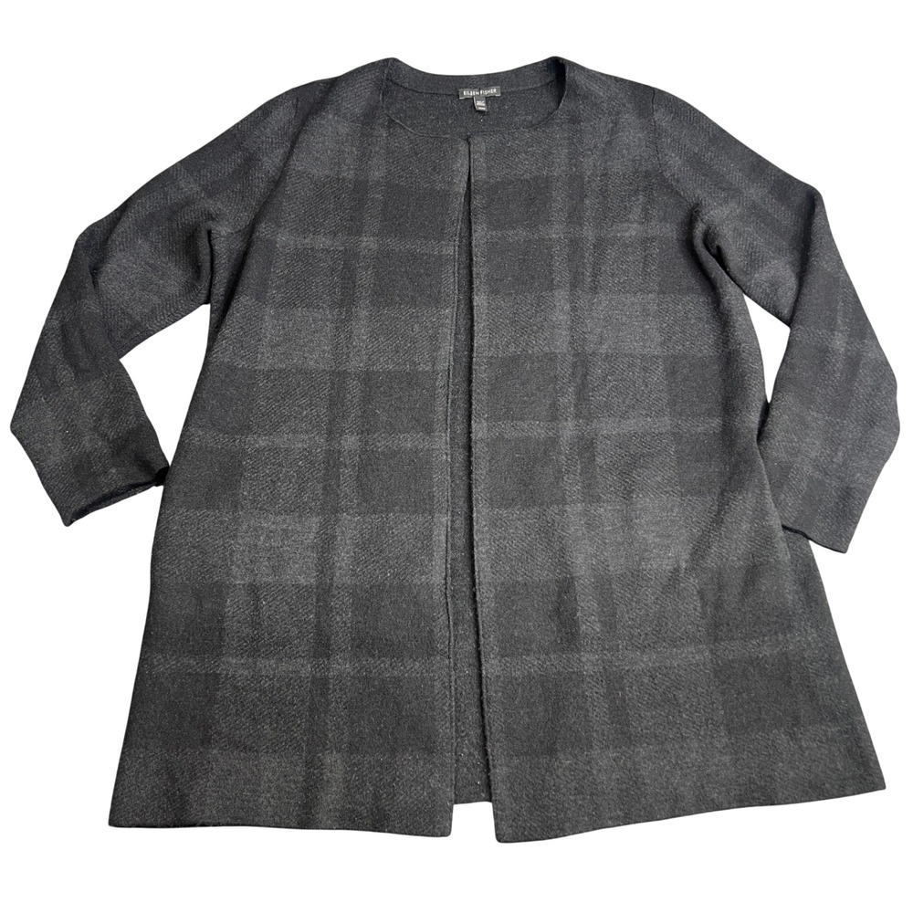 Eileen Fisher Womens Medium Charcoal Grey Plaid 100% Merino Wool Cardigan Jacket